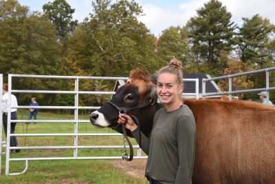 Emily Syme holding Jersey heifer at Auerfarm Fall Fest for 4-H premier showmanship