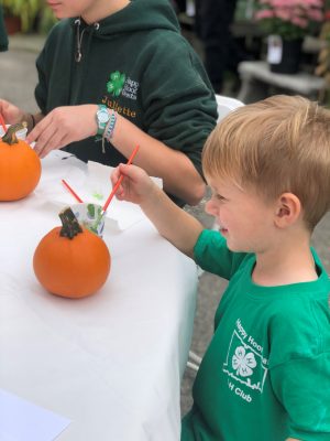 Kid decorating a pumpkin
